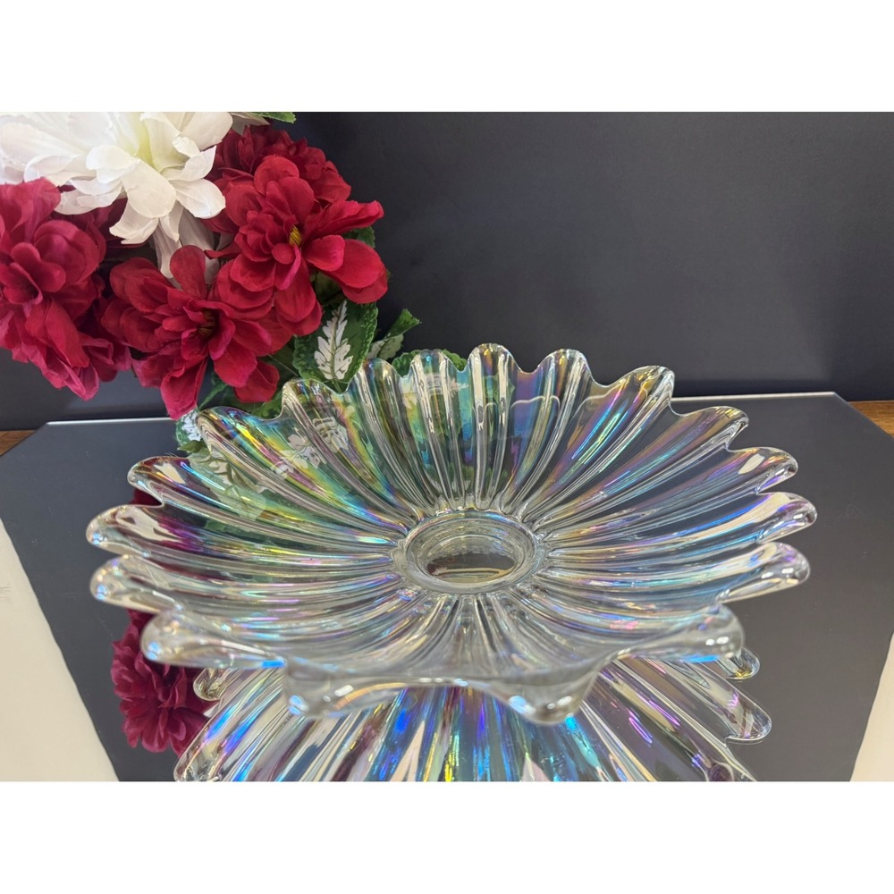 Vintage Iridescent Fluted‎ Glass Bowl Daisy Petal Rainbow Carnival Style Dish